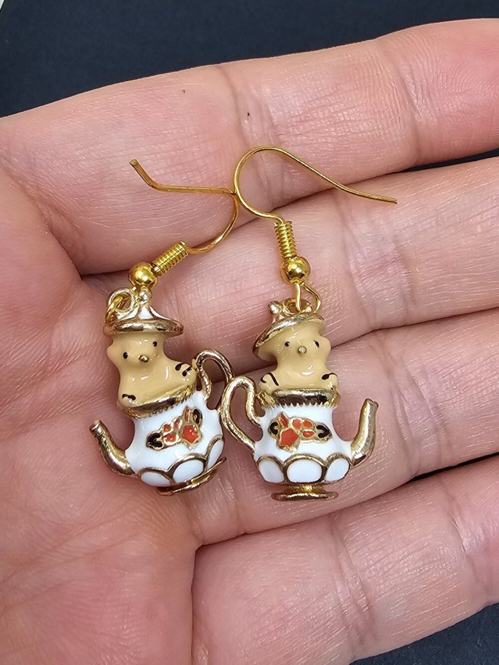 Cute Hamster in Teapot Earrings Dangle Gold Toned